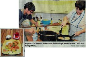 Angelica Grüber mit einem ihrer Schützlinge beim Kochen. Links: das fertige Menü. (Foto: Steffi Rohland)